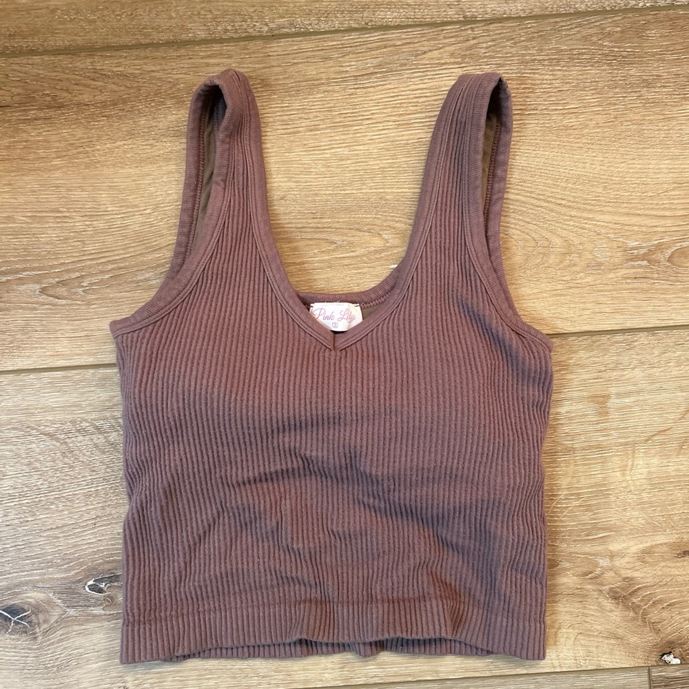 Pink Lily Taupe Ribbed Knit V-Neck Brami